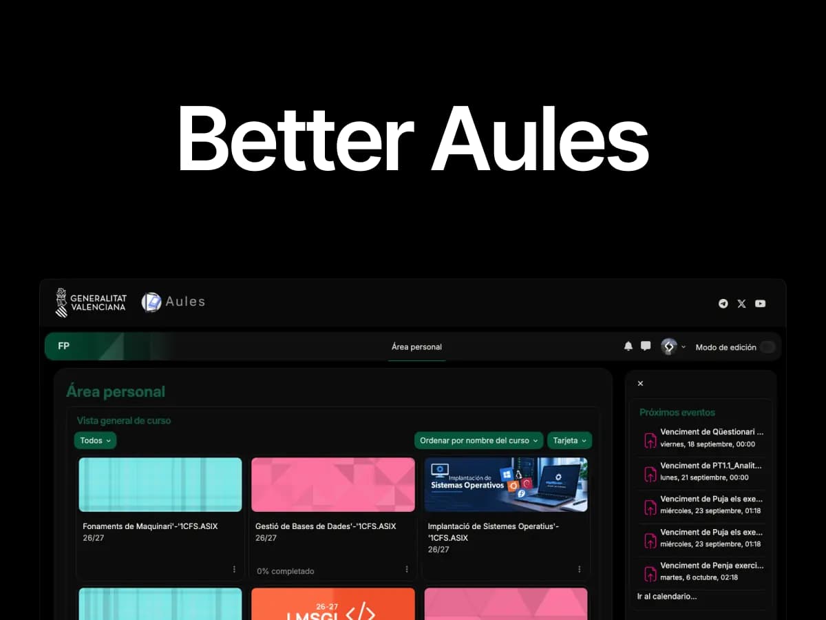 Vista de Better Aules mostrando la dashboard principal de Aules con el tema