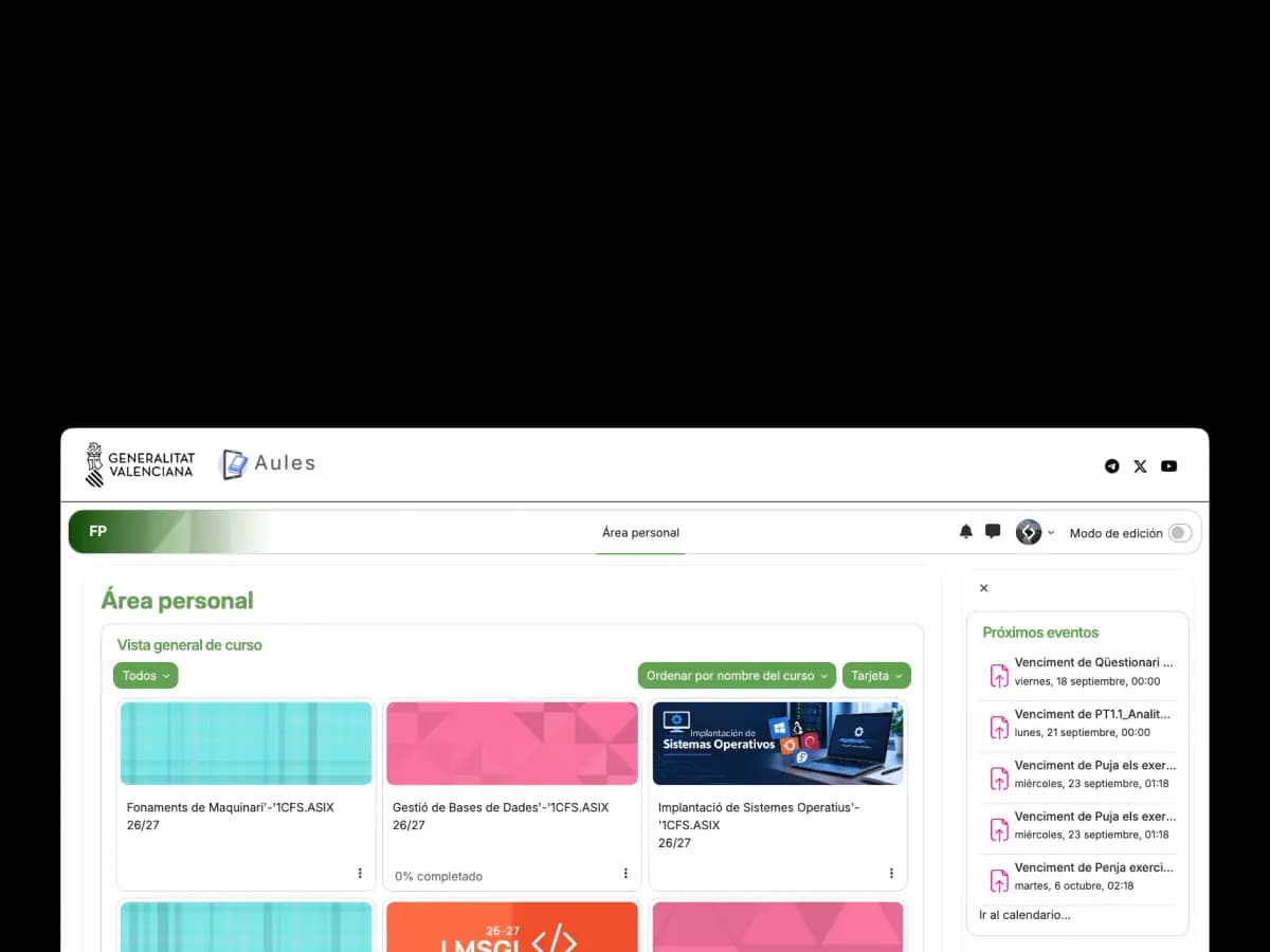 Vista de Better Aules mostrando la dashboard principal de Aules con el tema