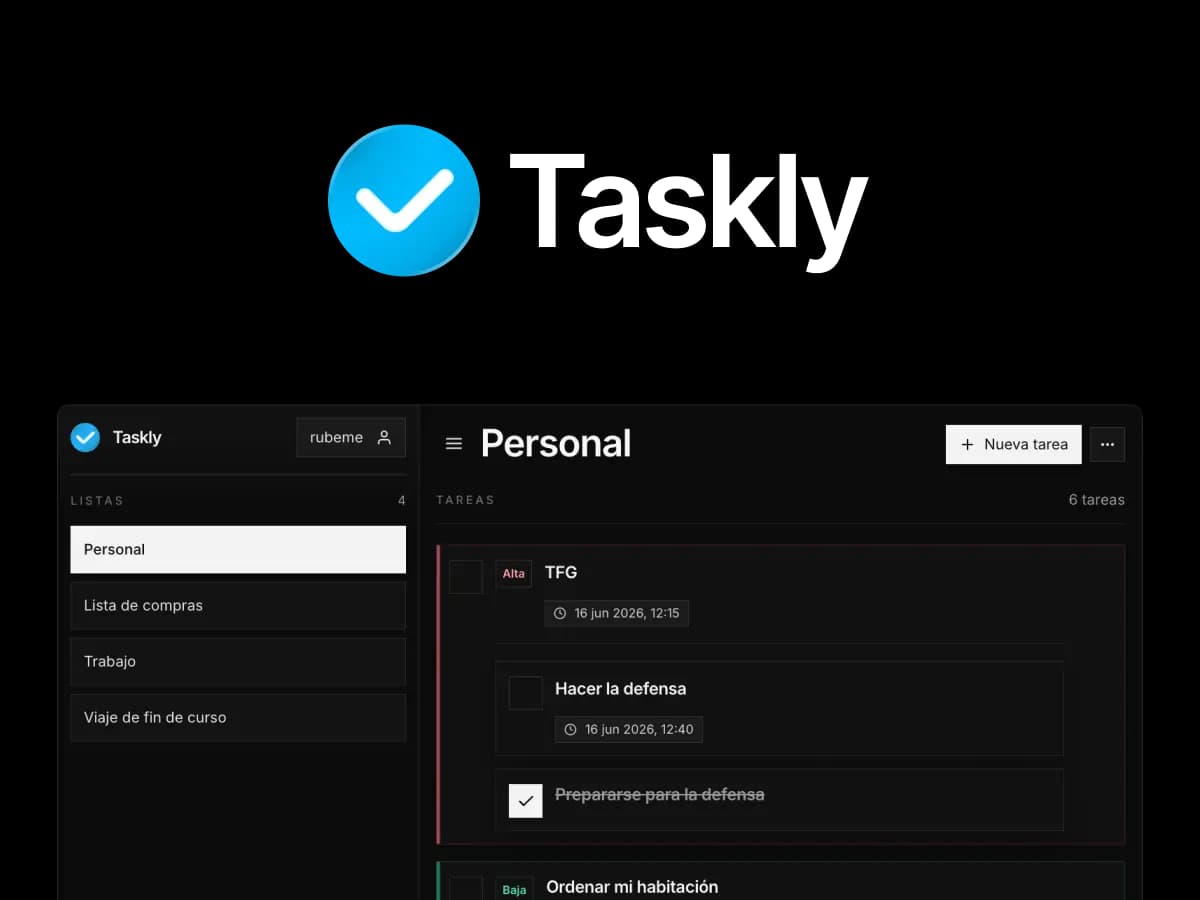 Vista de Taskly mostrando una lista personal de tareas