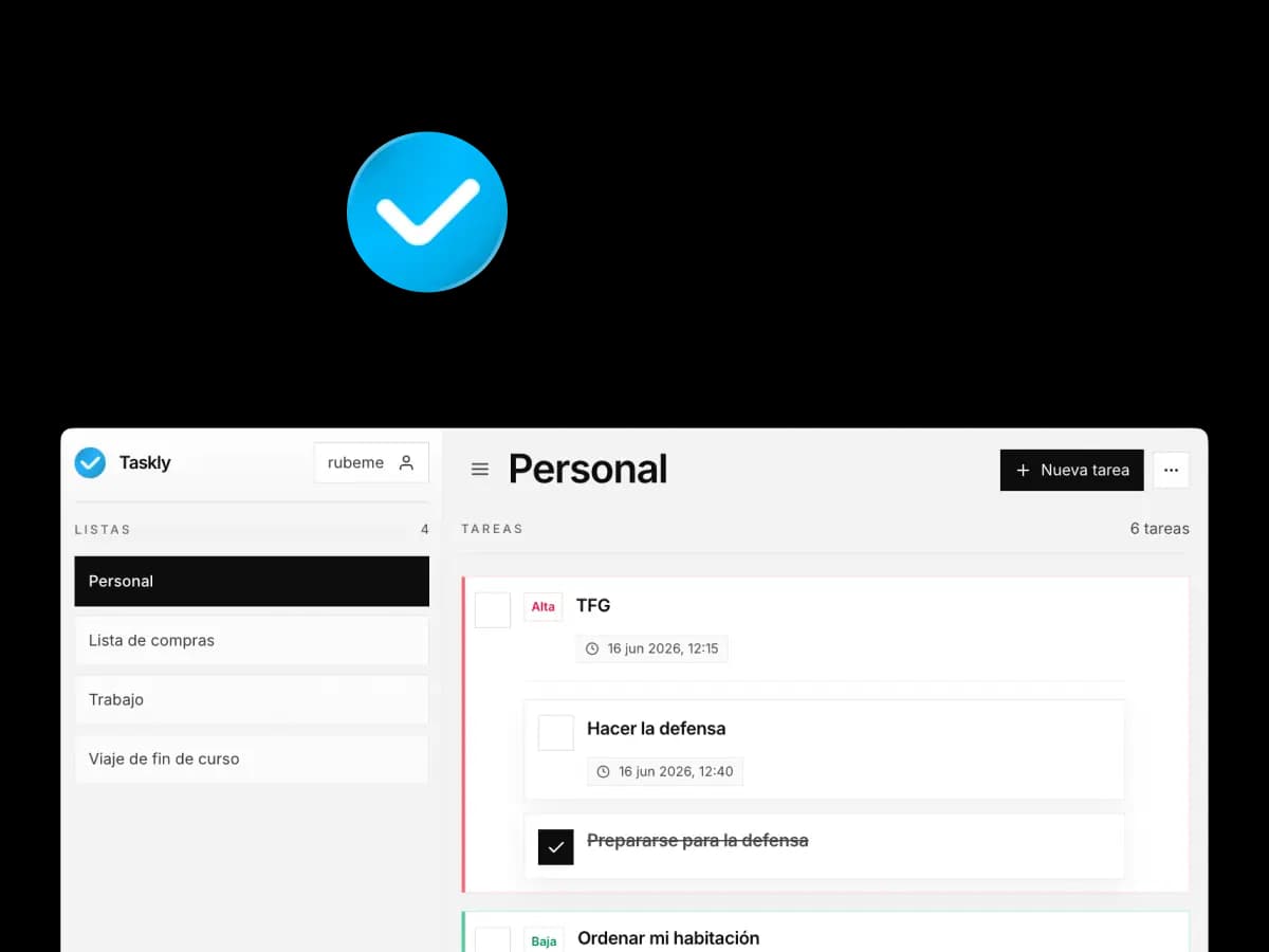 Vista de Taskly mostrando una lista personal de tareas