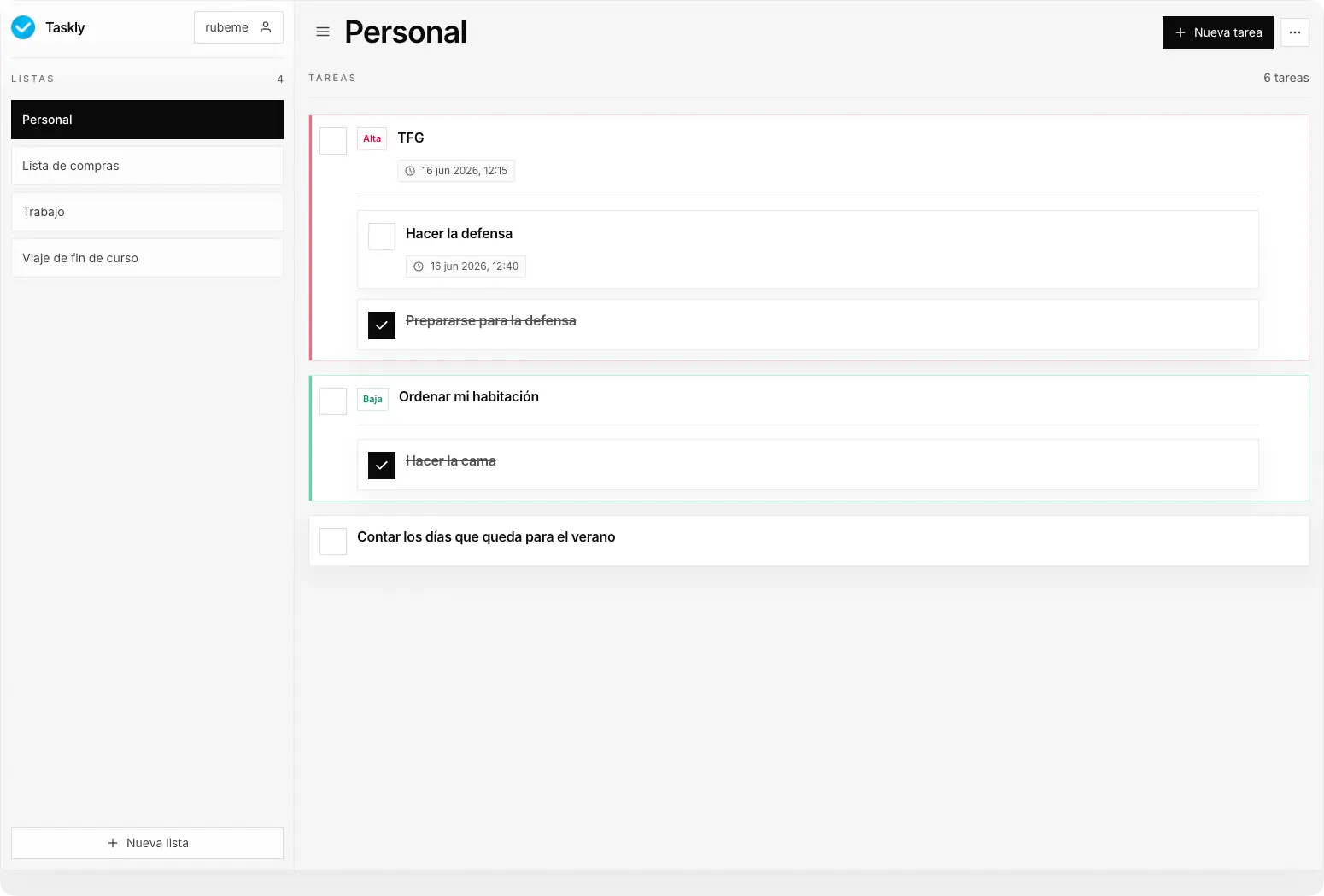 La interfaz principal de Taskly en modo claro