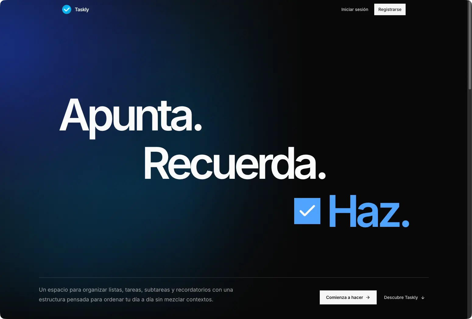 La landing page de Taskly en modo oscuro